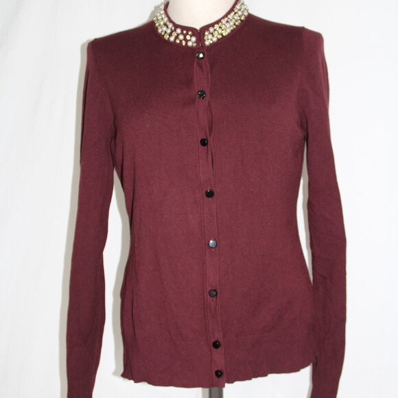 Ann Taylor Maroon Gemstone Beaded Neck Cardigan Sweater Size M Holiday Button Up - Picture 1 of 9